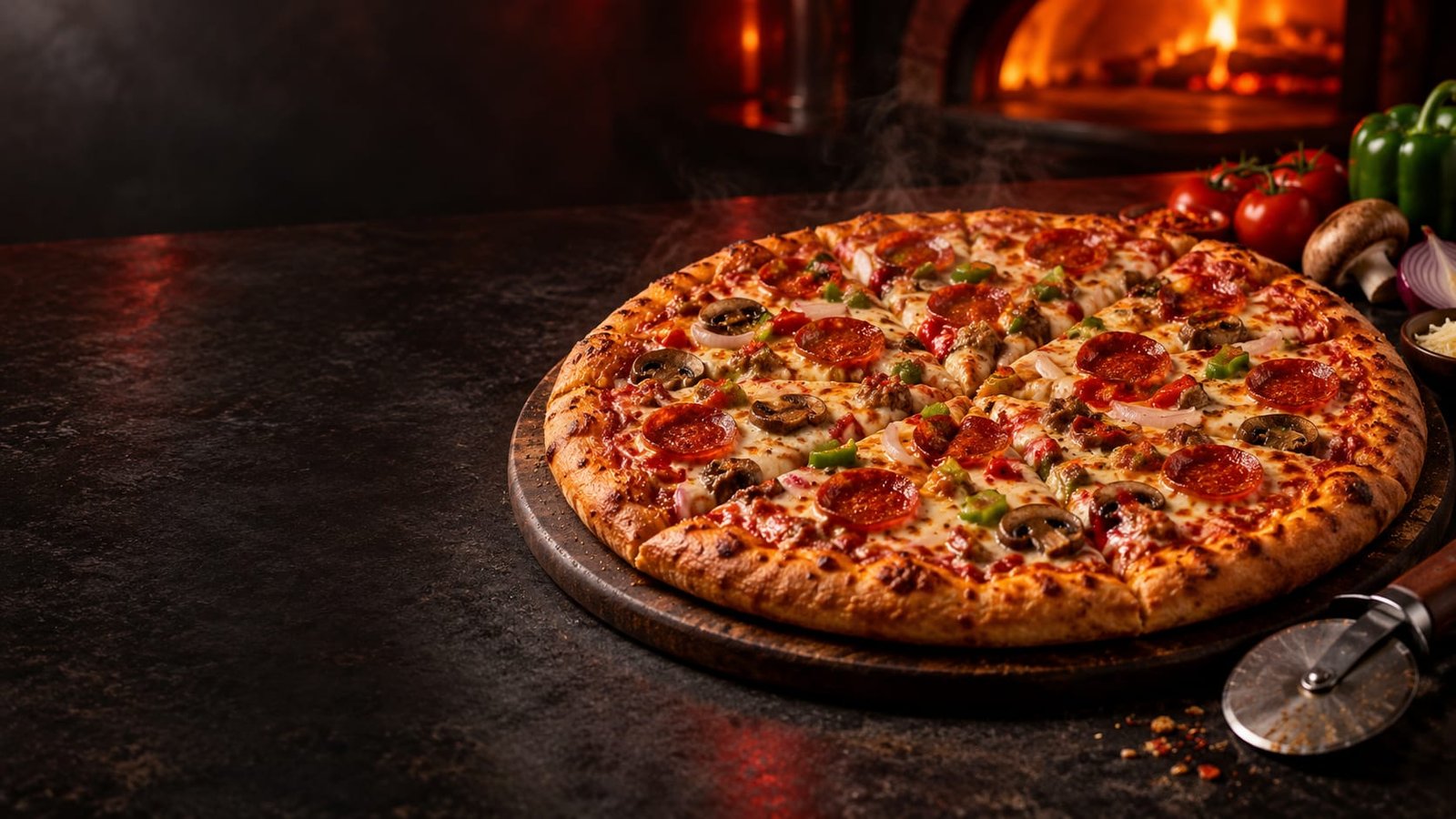 Fresh hot pepperoni and supreme pizza